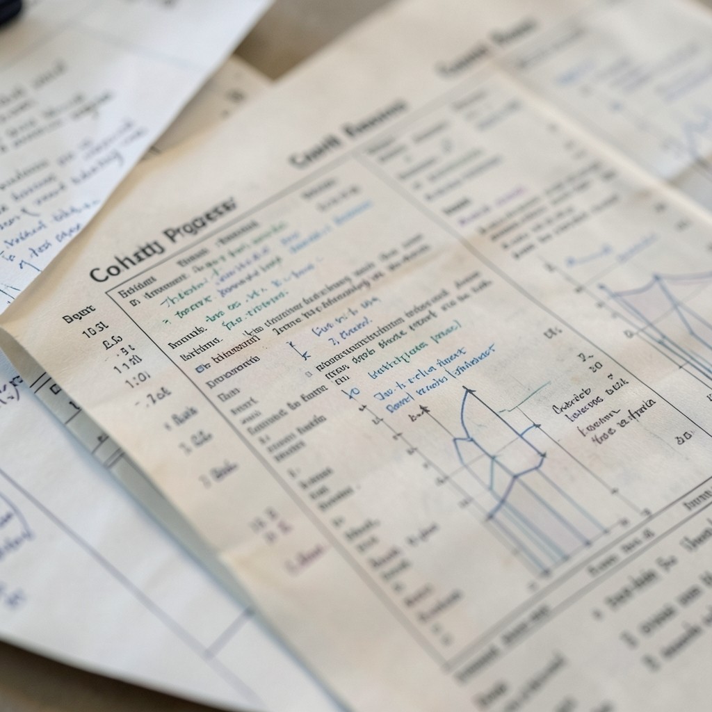 Close view of annotated cohort progress printouts used in a learning center review