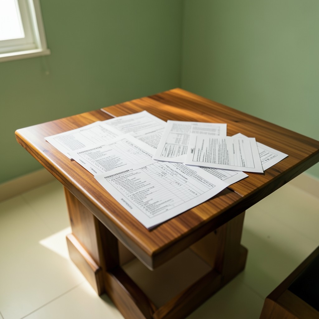 Printed education outcome board pages arranged on a wooden staff-room table
