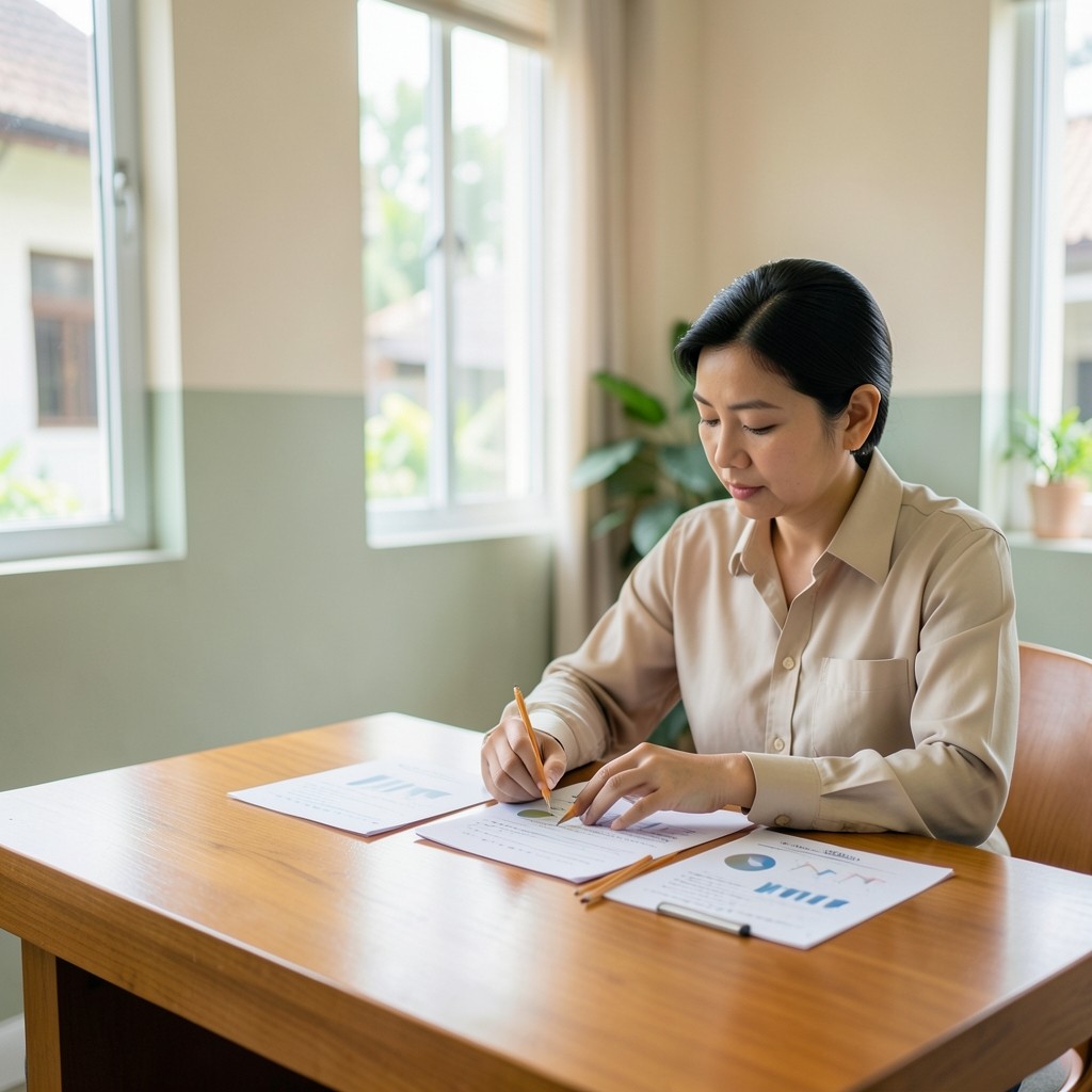 Academic director reviewing printed cohort progress sheets at a learning center table
